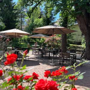 Blick in den Gastgarten von der Rezeption aus